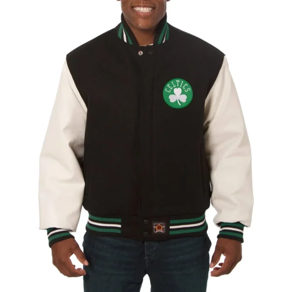 Boston Celtics Domestic Black Real Wool and Leather Jacket