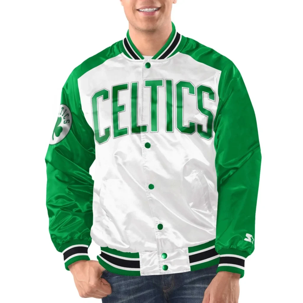 Boston Celtics Renegade White & Green Real Satin Varsity Jacket