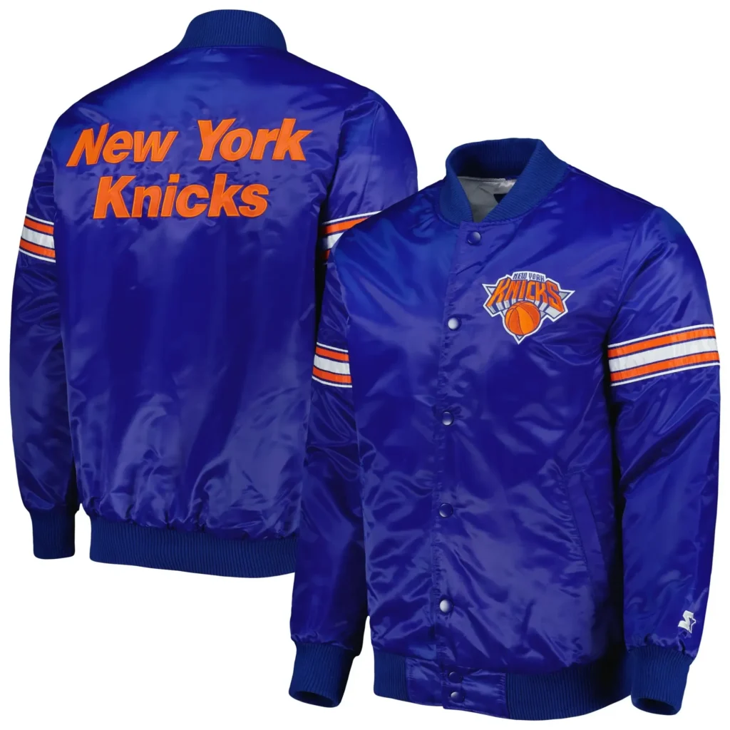 New York Knicks Pick & Roll Blue Real Satin Varsity Jacket 1